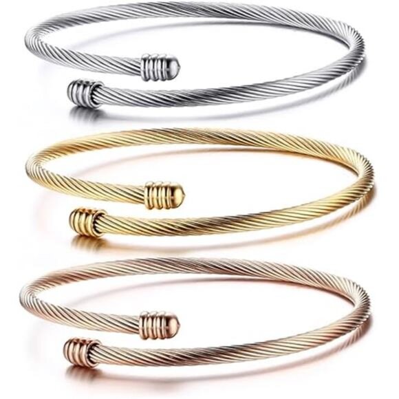 Stainless Steel Triple Cable Cuff – 3 Stackable Twisted Wire Bangles - Picture 8 of 8